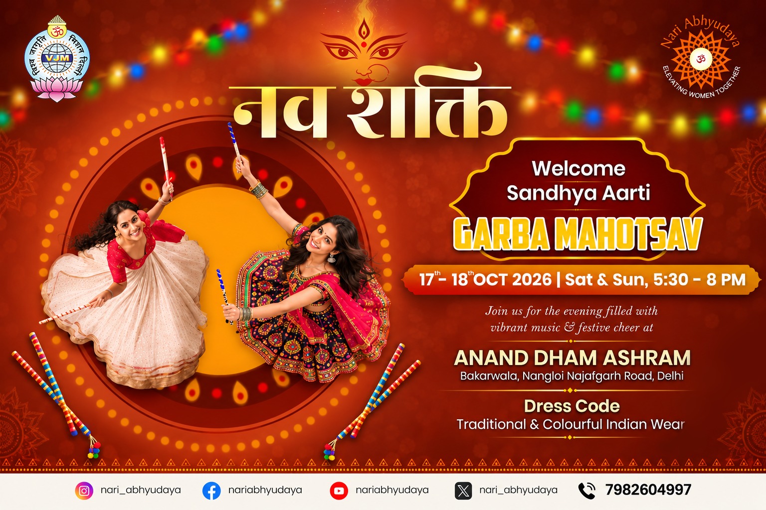 Nari Abhyudaya Nav Shakti Garba Mahotsav 2026 at Anand Dham Ashram, Delhi, on 17–18 October, celebrating women’s empowerment, Navratri, and traditional Garba.
